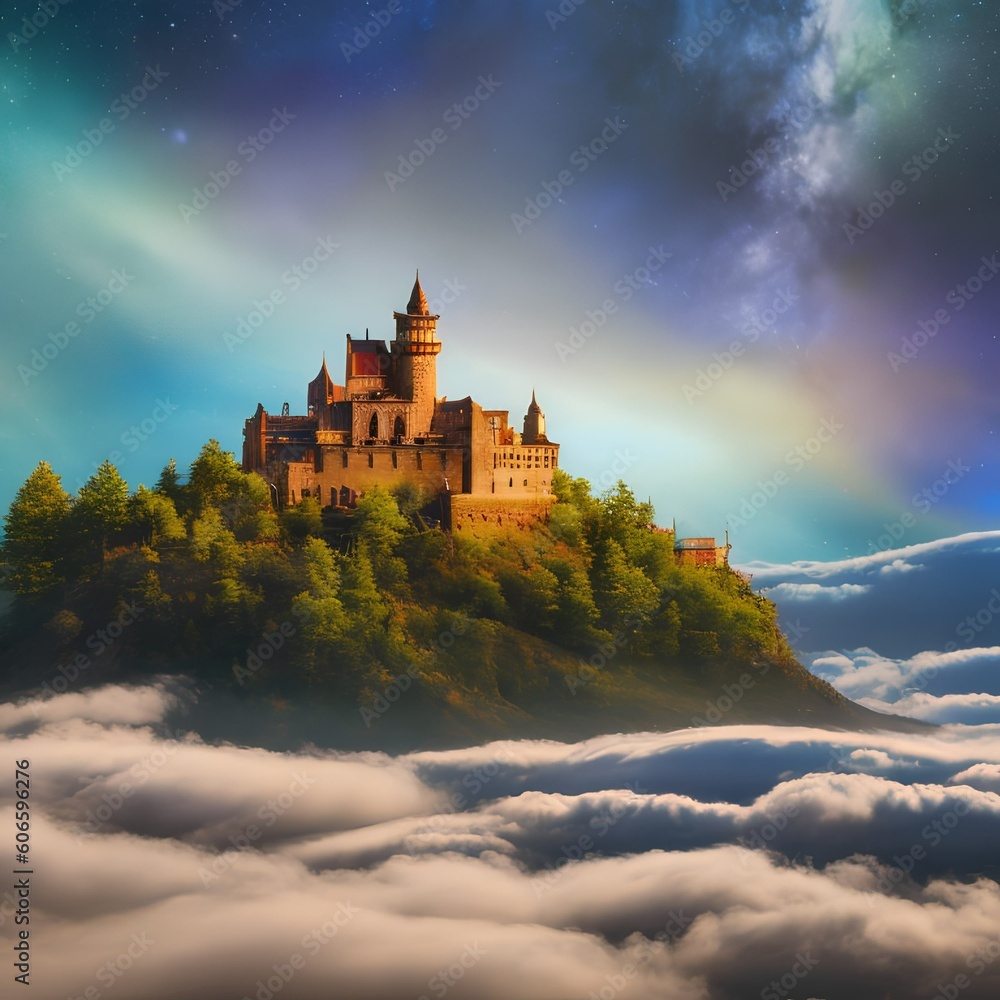 1149 Enchanted Castle in the Sky: A mystical and enchanting background featuring an enchanted castle floating in the sky with magical clouds, ethereal colors, and a dreamy atmosphere2, Generative AI