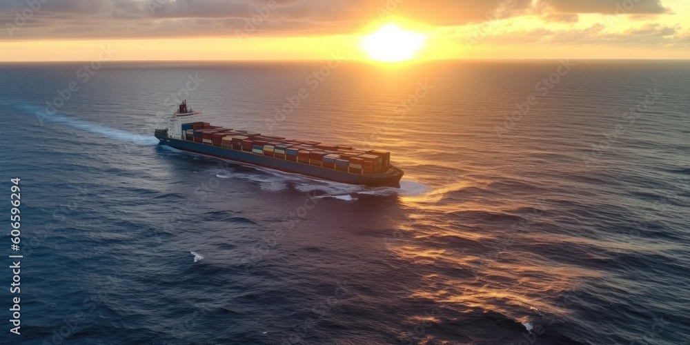 Aerial top view of container cargo ship in the open sea. AI generative illustration. Aerial top view of container cargo ship in the open sea. AI generative illustration.
