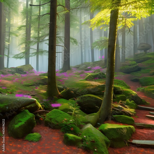 1197 Magical Forest Enclave: A magical and enchanting background featuring a magical forest enclave with glowing mushrooms, enchanted trees, and a whimsical and ethereal atmosphere3, Generative AI photo