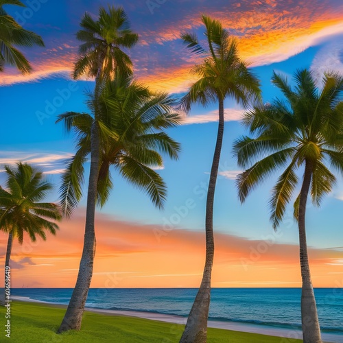 1193 Tropical Sunset Beach: A vibrant and tropical background featuring a tropical sunset beach with palm trees, warm hues, and a serene coastal atmosphere2, Generative AI © Ai.Art.Creations