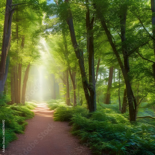 1169 Enchanted Forest Path: A mystical and enchanting background featuring an enchanted forest path with towering trees, dappled sunlight, and a magical and ethereal atmosphere4, Generative AI © Ai.Art.Creations