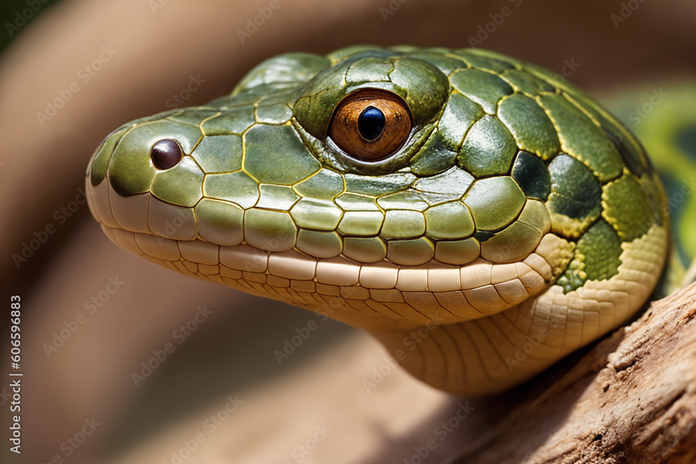 Fototapeta premium Close-up snake head. Illustration with serpent among wild nature. Generative AI