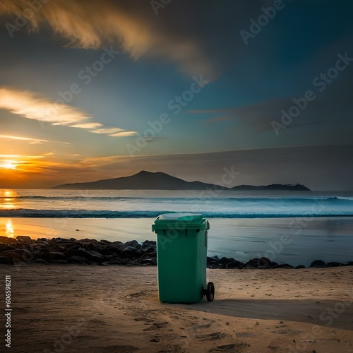 garbage bin on the beach sunset view