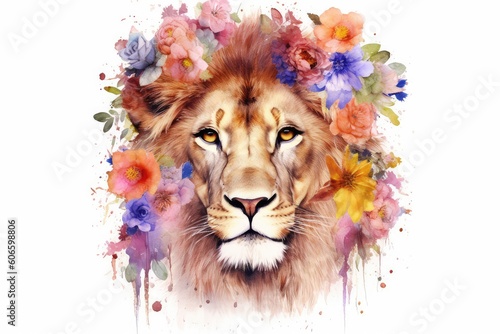 Watercolor lion Portrait and Flowers © Man888
