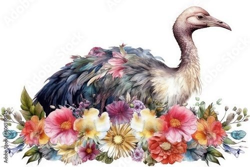 Watercolor ostrich with flowers