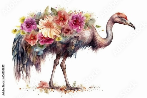 Watercolor ostrich with flowers