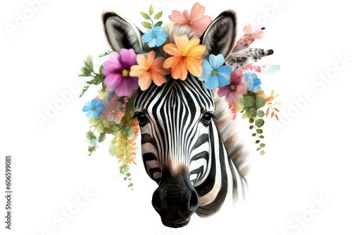 Watercolor zebra Portrait and Flowers