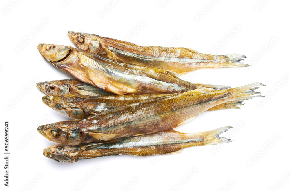 Dried smelt fish on a white Dried smelt fish on a white