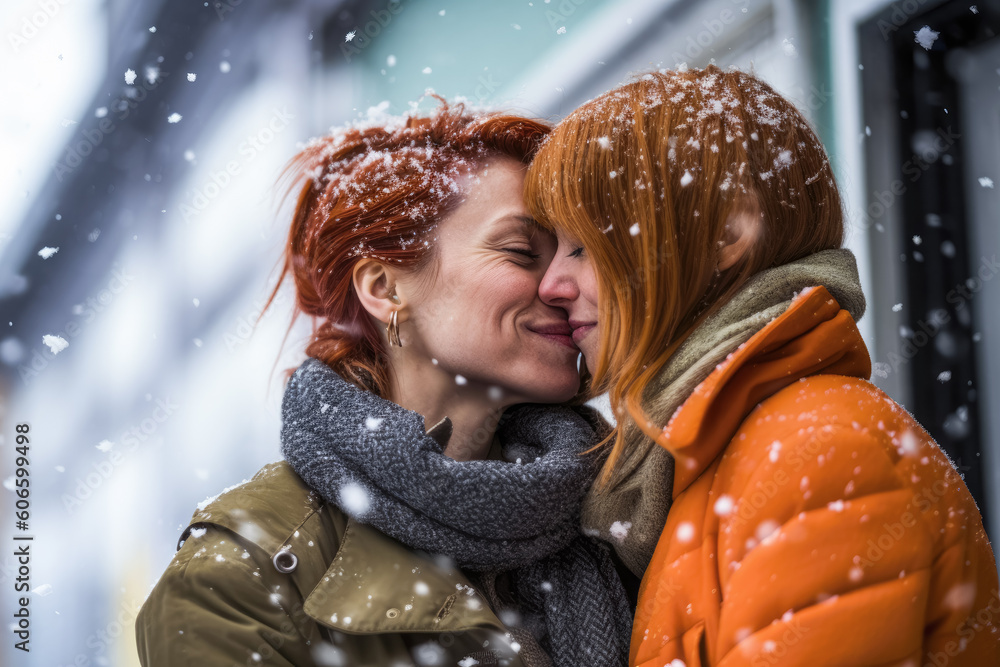Φωτογραφία Lesbian couple on a winter day, wearing warm clothes - smiling happy, kissing, snow falling on their red hair heads, faces together, intimate candid moment
