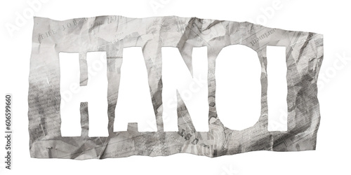 Hanoi city name cut out of crumpled newspaper in retro stencil style isolated on transparent background