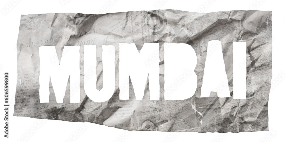 Φωτογραφία Mumbai city name cut out of crumpled newspaper in retro stencil style isolated o