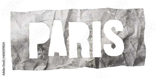 Paris city name cut out of crumpled newspaper in retro stencil style isolated on transparent background