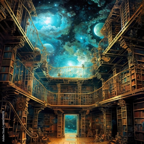 a library set in a sky painting with many shelves Generative Ai