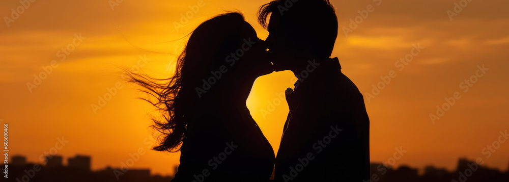 Young couple, man and woman kissing - only their silhouettes visible against orange sunset sky.  Wide banner. Generative AI