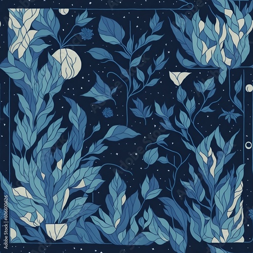 pattern tiling, blue plants, blue background, plants, constellations, water color