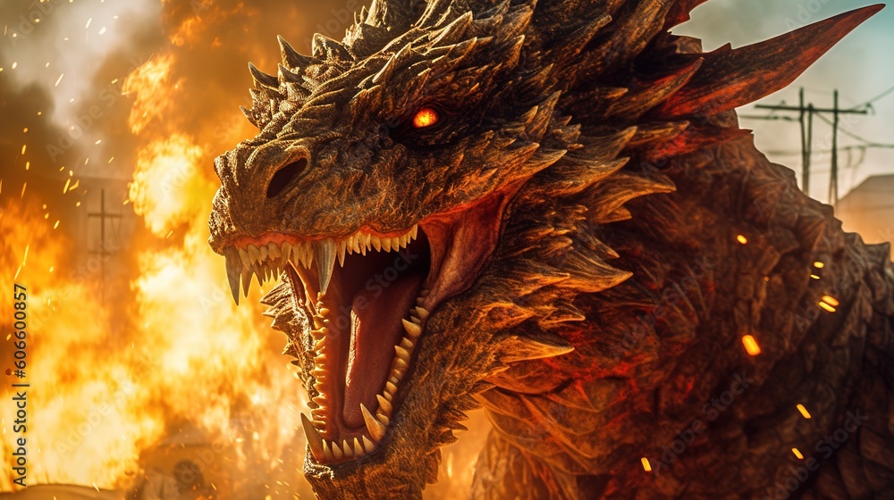 A fierce roaring dragon surrounded by flames, generative AI art illustration A fierce roaring dragon surrounded by flames, generative AI art illustration