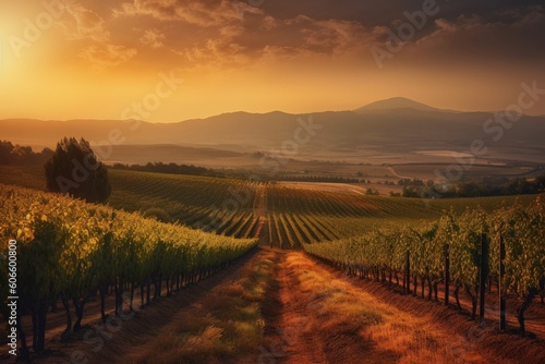 Vineyards at sunset, Generative ai