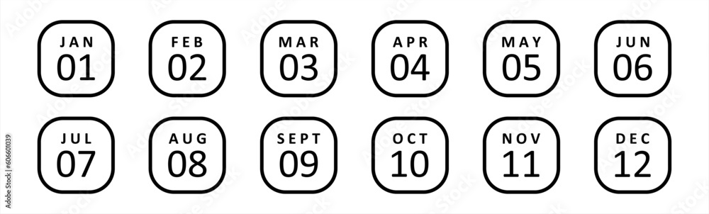 Calendar mounts icon set in line style. business plan schedule with number simple black style symbol sign for apps and website, vector illustration. Calendar mounts icon set in line style. business plan schedule with number simple black style symbol sign for apps and website, vector illustration.