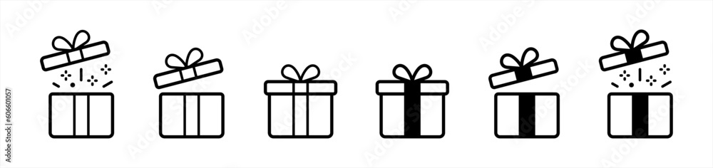 Gift box icon set in line style. Surprising gift box, Gift wrapping simple black style symbol sign for apps and website, vector illustration. Gift box icon set in line style. Surprising gift box, Gift wrapping simple black style symbol sign for apps and website, vector illustration.