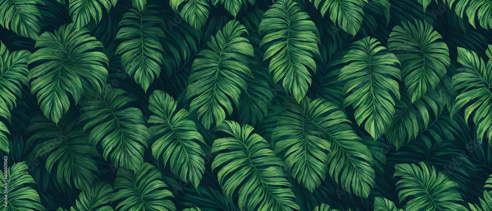 Abstract foliage and botanical background. Green tropical forest wallpaper of monstera leaves, palm, branches in hand drawn pattern. Exotic plants background for banner, prints. Generative AI