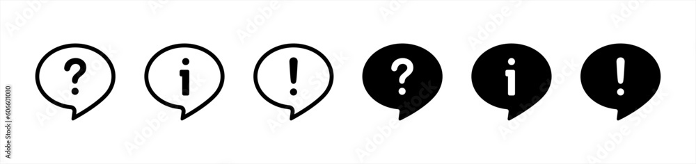 Question, exclamation and information mark with speech bubble icon in line style. mark simple black style symbol sign for apps and website, vector illustration. Question, exclamation and information mark with speech bubble icon in line style. mark simple black style symbol sign for apps and website, vector illustration.