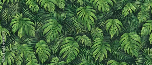 Abstract foliage and botanical background. Green tropical forest wallpaper of monstera leaves, palm, branches in hand drawn pattern. Exotic plants background for banner, prints. Generative AI