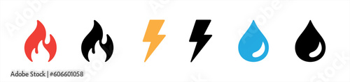 fire, water and lightning icon set in flat style. Natural elements simple black style symbol sign for apps and website, vector illustration.
