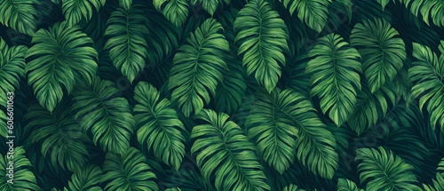 Abstract foliage and botanical background. Green tropical forest wallpaper of monstera leaves, palm, branches in hand drawn pattern. Exotic plants background for banner, prints. Generative AI