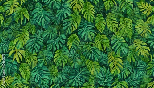 Abstract foliage and botanical background. Green tropical forest wallpaper of monstera leaves, palm, branches in hand drawn pattern. Exotic plants background for banner, prints. Generative AI