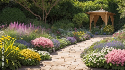 A Depiction Of A Wonderfully Vibrant Garden With A Gazebo