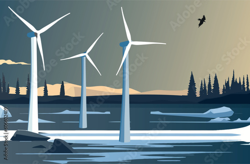 Snow covered landscape with wind turbines in the foreground and mountain in the background. Wind power plant and factory. Wind turbines Green energy industrial concept. Vector illustration. Flat style