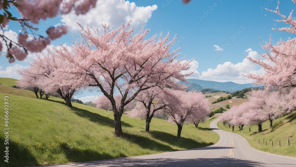 A Composition Of A Stunningly Evocative Scene Of A Road With Pink Flowers