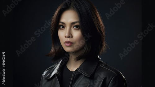 Young Asian woman wearing a black leather jacket - studio shot - made with Generative AI tools