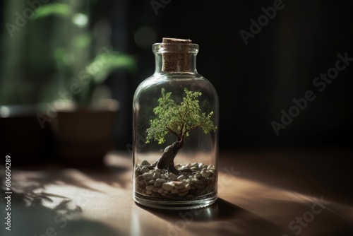 Tree growing inside clear glass bottle, Generative ai