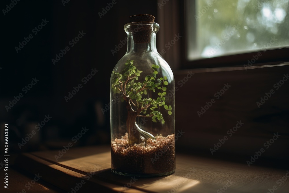 Tree growing inside clear glass bottle, Generative ai Tree growing inside clear glass bottle, Generative ai