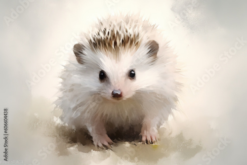 Watercolor painting of a small, fluffy, and beautiful white hedgehog. Generative AI.