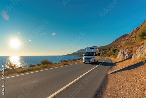 A van driving down a road next to the ocean created with Generative AI technology © Nedrofly