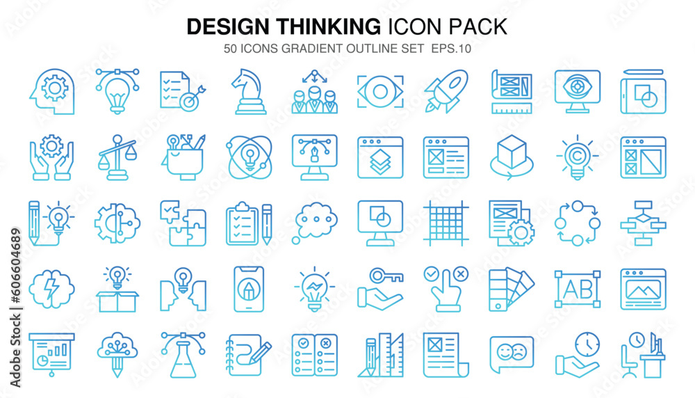 A set pack Design Thinking of (gradient outline) style.
The collection includes of business developments,programing , web design,app design and more.