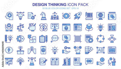 A set pack Design Thinking of (blue color) style. The collection includes of business developments,programing , web design,app design and more.