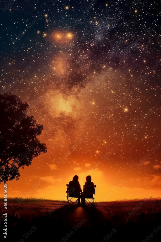 Couple sitting and kissing under the stars, beautiful, AI generative Couple sitting and kissing under the stars, beautiful, AI generative