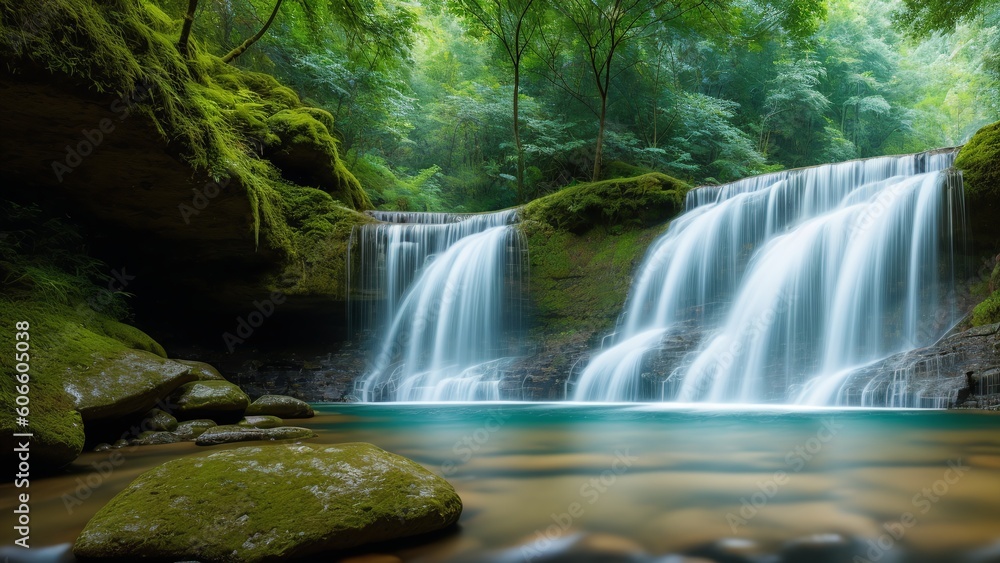 Obraz premium A Composition Of A Beautifully Symmetrical Waterfall In A Lush Green Forest