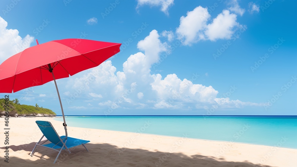 An Illustration Of A Sublime Beach Scene With A Red Umbrella And A Blue Chair