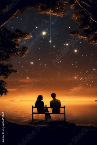 Couple sitting and kissing under the stars  beautiful  AI generative