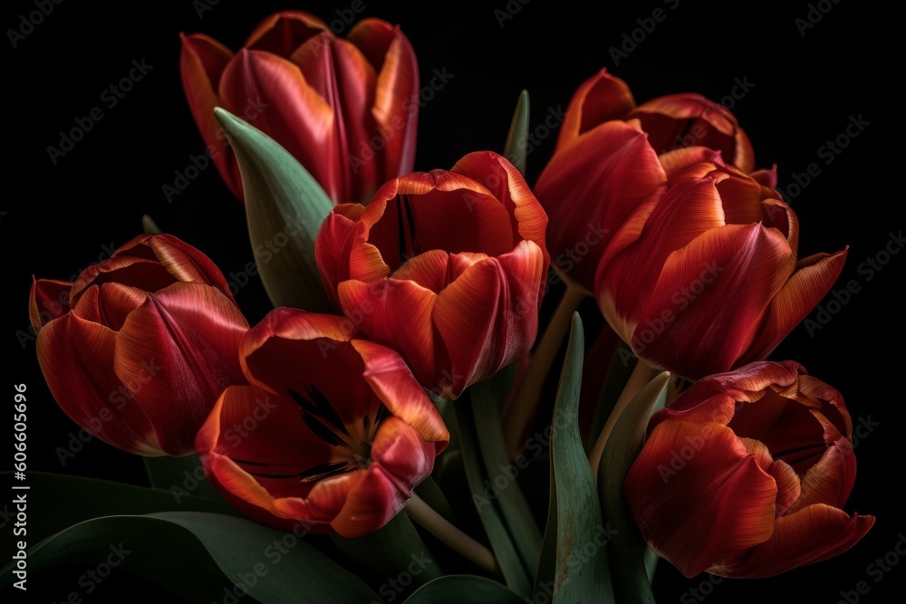 Ai generated illustration of tulips on dark background Ai generated illustration of tulips on dark background