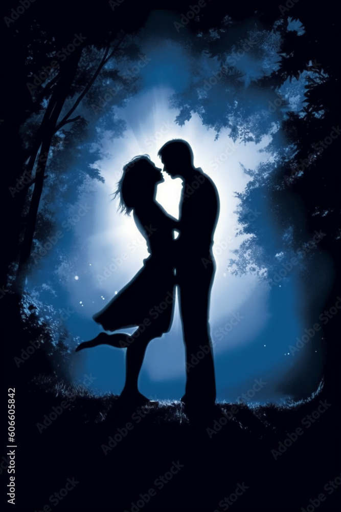 Kissing Couple in the Moonlight Spotlight. AI generative
