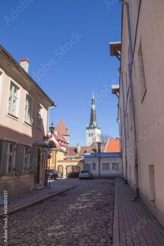 Beautiful view of the downtown streets in Tallinn, Estonia on a sunny day