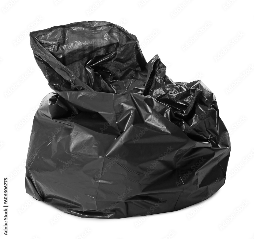 Trash bag full of garbage isolated on white