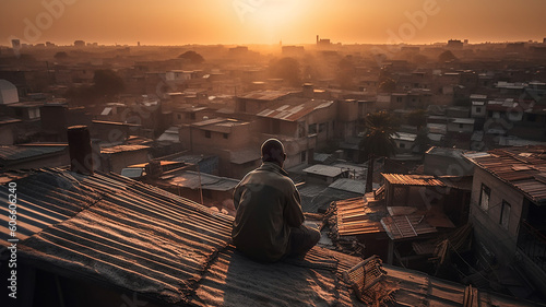 スラム街で屋根に登る男性の後ろ姿・夕方の風景 