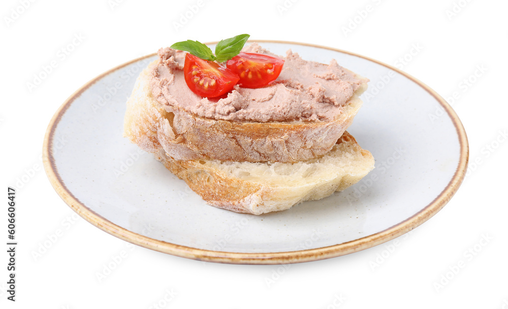 Plate with delicious liverwurst sandwich on white background