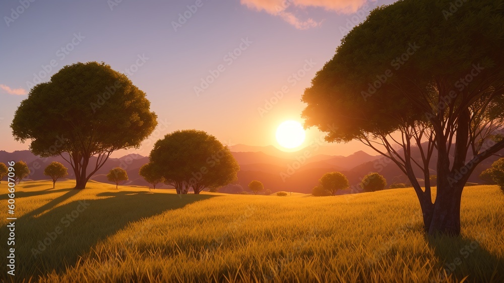 An Expressively Creative Image Of A Grassy Field With Trees And A Sunset An Expressively Creative Image Of A Grassy Field With Trees And A Sunset
